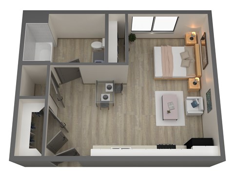 A 3D rendered image of a small apartment layout.